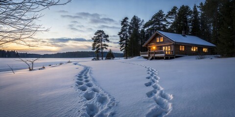 Fototapeta premium Winter Cabin by the Lake