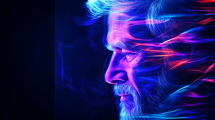 Serene elderly man, profile view, fiery energy, dark background, meditation concept