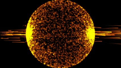 Abstract golden ball of electric light energy particles sphere orb pixelated animation. Golden energy orb symbolizes creation and power in darkness.