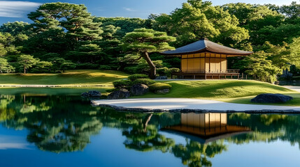 Obraz premium Serene Japanese garden pavilion, tranquil pond reflection, lush greenery backdrop, ideal for relaxation, travel brochure