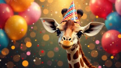 Cute giraffe birthday portrait. Giraffe on the background of balloons, birthday, party, pet, decoration.