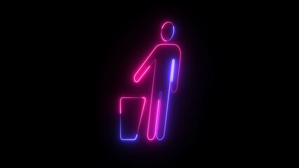 Glowing man icon animation blue and pink color, Neon of waste bins full of different types of garbage, recycling and separate waste collection concepts isolated black background.