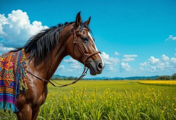 Fototapeta premium Beautiful brown horse with colorful saddle decorated in Mexican traditions against picturesque rural landscape