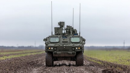 Fototapeta premium Armored vehicle drives on rural road, overcast sky. Military training exercise