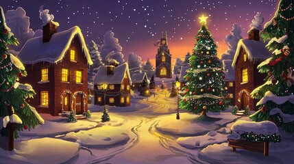 Obraz premium Digital Painting Snowy Village Scene At Night with Houses and Trees Decorated for Winter Holidays and Festive Season featuring Cozy Cabin and Warm Lights and Snowfall. Illustration. Pixel Art
