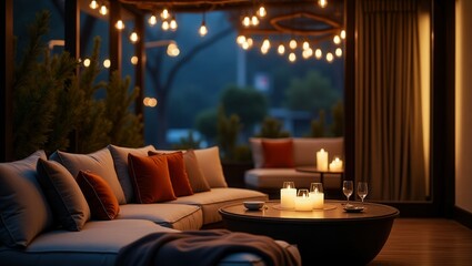Cozy design of modern Balcony at Night, cinematic photography