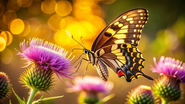 Palamedes Swallowtail Butterfly on Purple Thistle - Stunning Nature Stock Photo