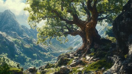 Obraz premium Majestic Ancient Tree in Lush Green Valley with Rolling Hills