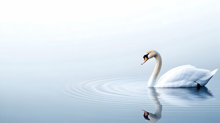 Obraz premium Serene swan swimming in calm lake, misty background; perfect for peace, tranquility, nature themes