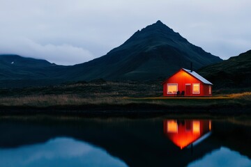 Fototapeta premium Illuminated Red Cabin Beside a Tranquil Mountain Lake