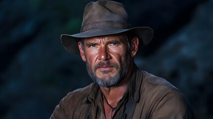 Obraz premium Serious explorer portrait, jungle background, adventure film still, promotional use