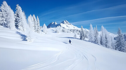 Fototapeta premium Skier descends snowy mountain slope, winter landscape background, perfect for travel or sports advertising