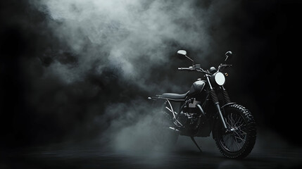 Obraz premium Smoky Studio Shot Black Motorcycle, Powerful Engine, Dark Background, Ideal for Automotive Ads