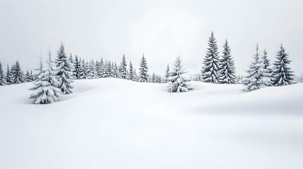 Obraz premium Snowy mountain landscape, winter wonderland, evergreen trees, serene background, ideal for winter travel brochures