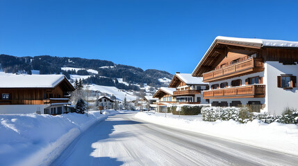 Fototapeta premium Snowy village street, Alpine houses, winter landscape, travel postcard