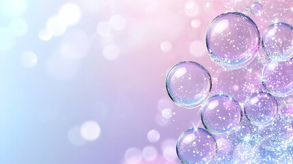 Sparkling pastel bubbles float against a blurred background, ideal for cosmetic or beauty product advertising