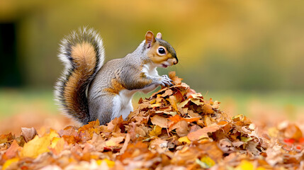 Obraz premium Squirrel gathering autumn leaves in park; blurred background