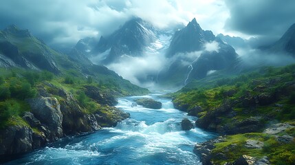 Majestic mountain river flowing through valley, clouds