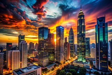Obraz premium Night Cityscape Silhouette: Illuminated Skyscrapers Against Vibrant Sky
