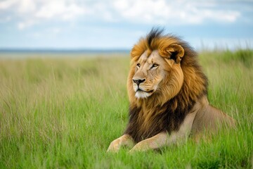 Obraz premium leo surrounded by lush green savanna grass, embodying the majesty of nature, with vibrant colors that highlight the wild beauty of the landscape