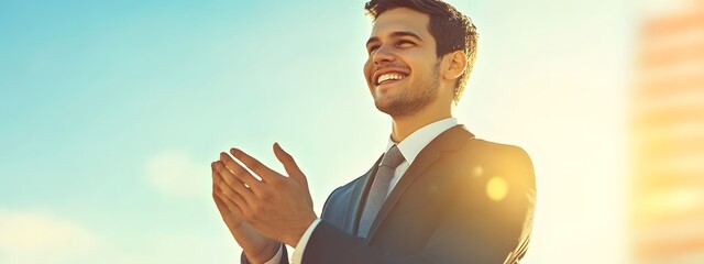 Photo of a young, smiling businessman clapping his hands
