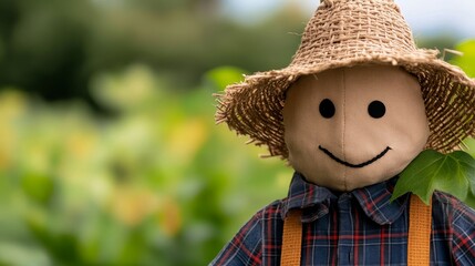 Scarecrow in a Lush Green Field Smiling with a Leaf, Representing Farming and Nature's Beauty