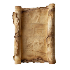 Ancient parchment scroll with frayed edges and textured surface, evoking sense of history and mystery. Perfect for storytelling or historical themes