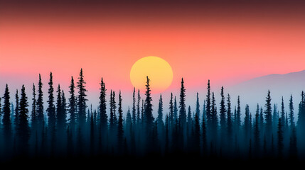 Sunset over silhouetted mountain forest; peaceful nature scene; ideal for travel brochures