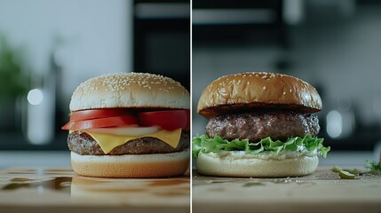 Close-up of Two Delicious Hamburger Variations on a Wooden Board