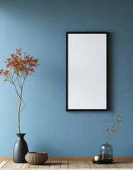 Elegant black japanese frame empty white canvas hanging on the wall, minimal mockup frame on blue clean wall, modern japanese interior, wall art presentation template, Picture frame