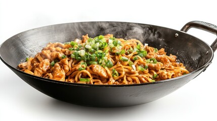 Delicious Chicken Noodle Stir Fry in Wok with Fresh Green Onions