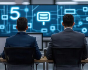 Professionals discussing 5G network rollout strategies in a digitalized boardroom, faster connectivity strategy