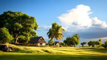 Tropical bungalows, lush green field, palm trees, sunny sky, idyllic vacation resort