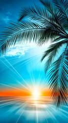 Fototapeta premium Tropical sunset beach scene, palm tree silhouette, ocean reflection, vacation postcard
