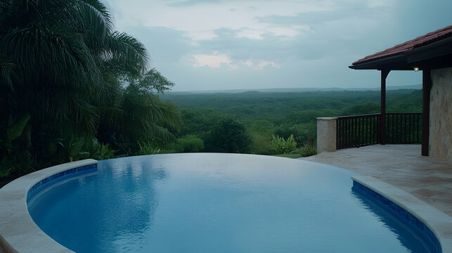 Tropical villa infinity pool overlooking lush landscape;  pre-storm ambiance; vacation rental