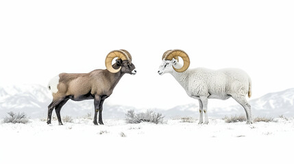 Two bighorn sheep face off in snowy mountains; wildlife encounter, nature photography, winter landscape
