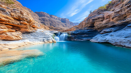 Turquoise Waterfall Oasis in Mountain Canyon,  Desert Landscape, Travel Photography