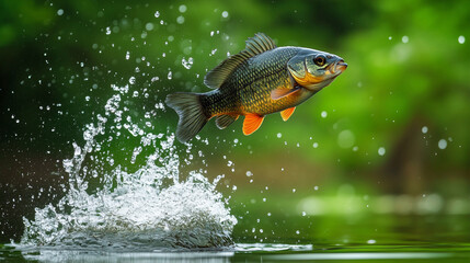 Bluegill jumping out of the water, perfect for fishing and wildlife themes