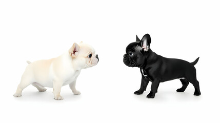 Two French Bulldog puppies facing each other on white background; adorable pets, perfect for pet adoption websites