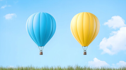 Fototapeta premium Two hot air balloons, blue and yellow, soar over a grassy field under a bright blue sky. Ideal for travel or adventure themes