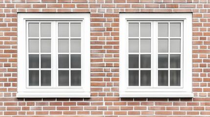 Two white windows on a red brick wall; urban background; ideal for architecture or real estate