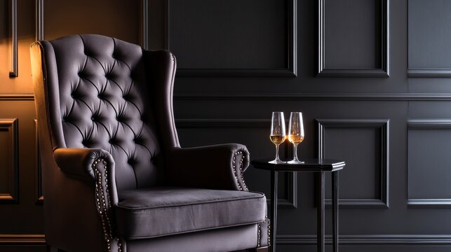 Elegant velvet armchair beside a small table with two champagne glasses in a stylish dark room