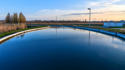 Obraz premium Wastewater treatment plant at sunset, industrial area, calm water, environmental engineering
