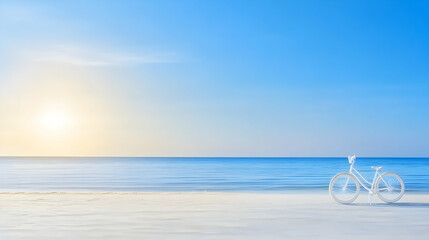 White bicycle on sandy beach at sunrise, calm ocean background; ideal for travel or summer vacation promotions