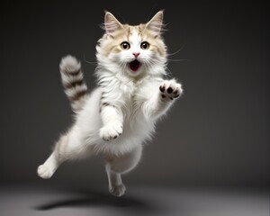 White Domestic Cat Playing and Jumping Isolated on a White Background - Fun and Playful Pet Felino
