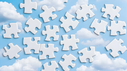 White puzzle pieces scattered on a blue sky background with clouds; teamwork, problem-solving concept; website or presentation