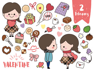 2月・バレンタインの手書き風セット素材