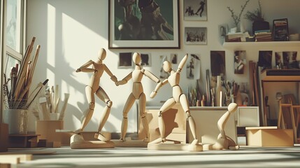 Artistic Studio with Wood Mannequins Posing in Dynamic Scenes