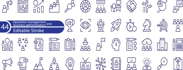 Operation management and business administration editable stroke outline icons set isolated on white background flat vector illustration