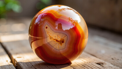 Polished agate sphere reflecting textures on rustic table, natural beauty